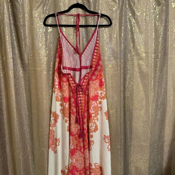 Vici Hot Pink Orange Vineyard Border Print Open Back Hi Low Maxi Dress Medium - Picture 2 of 12